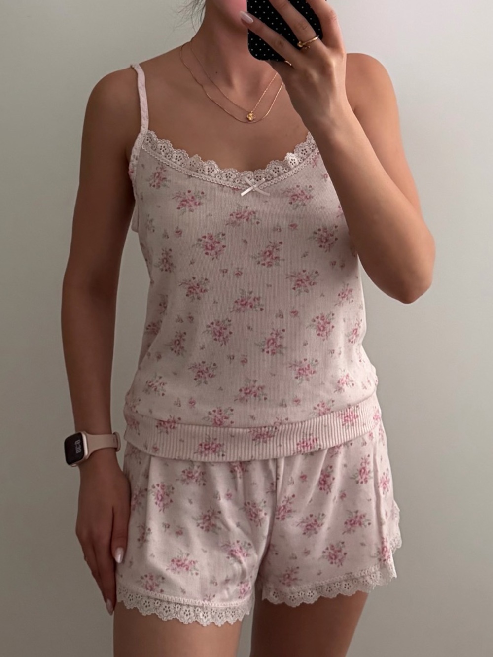 Women’s Pink Floral Lace Trim Cami & Short Sleep Set